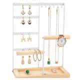 Jewelry Organizer Stand, Jewelry Holder, Lengnoy 4 Tier Earring Holder with 48 Holes and 6 Hooks Necklace Organizer Wood Box for Necklace Bracelet Earring Ring, White - Retail: $9