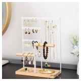 Jewelry Organizer Stand, Jewelry Holder, Lengnoy 4 Tier Earring Holder with 48 Holes and 6 Hooks Necklace Organizer Wood Box for Necklace Bracelet Earring Ring, White - Retail: $9