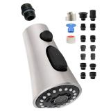 Universal Kitchen Faucet Head Replacement with 15 Adapter Kit Compatible with American Standard/Kohler/Moen/Delta Faucets, 3 Function Pull Down Sink Faucet Spray Head, Brushed Nickel - Retail: $18