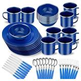 Nuogo 48 Pcs Enamel Camping Tableware Includes 12 oz Coffee Mugs 10.5 Inch Camping Plates 6 Inch Bowls and Utensils Set Includes Knife Fork Spoon for Outdoor RV(Blue) - Retail: $70