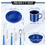 Nuogo 48 Pcs Enamel Camping Tableware Includes 12 oz Coffee Mugs 10.5 Inch Camping Plates 6 Inch Bowls and Utensils Set Includes Knife Fork Spoon for Outdoor RV(Blue) - Retail: $70