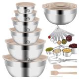 WEPSEN Mixing Bowls Set, 27PCS Khaki Mixing Bowls With Lids Set Stainless Steel Kitchen Large Nesting Metal Bowl 7QT to 1.5QT, Measuring Cups and Spoons for Prepping Cooking Serving - Retail: $43