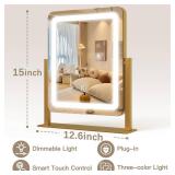 ROLOVE Vanity Mirror with Lights, 12.6\×15\in LED Makeup Mirror, Lighted Makeup Mirror with Lights, Smart Touch Control Dimmable 3 Modes Light, Lighted Up Mirror for Makeup Desk, Gold - Retail: $50in