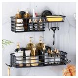 LEVERLOC Shower Caddy Suction Cup, 2 Pack suction shower shelf with Hooks and Soap holder, NO-Drilling Bathroom Holder, Rustproof bathroom organizer, Black - Retail: $30
