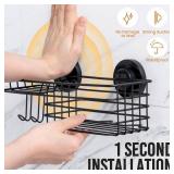 LEVERLOC Shower Caddy Suction Cup, 2 Pack suction shower shelf with Hooks and Soap holder, NO-Drilling Bathroom Holder, Rustproof bathroom organizer, Black - Retail: $30