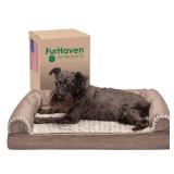 Furhaven Cooling Gel Dog Bed for Medium/Small Dogs w/ Removable Bolsters and Washable Cover, For Dogs Up to 35 lbs - Luxe Faux Fur and Performance Linen Sofa - Woodsmoke, Medium - Retail: $31