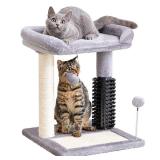 Made4Pets Small Cat Tree Tower, Cat Scratching Post 4-in-1 with Self Groomer Brush, 20\ Tall Natural Sisal Cat Scratcher, Plush Perch Bed with Dangling Ball for Indoor Kittens, Grey - Retail: $34in