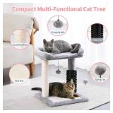 Made4Pets Small Cat Tree Tower, Cat Scratching Post 4-in-1 with Self Groomer Brush, 20\ Tall Natural Sisal Cat Scratcher, Plush Perch Bed with Dangling Ball for Indoor Kittens, Grey - Retail: $34in