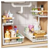 PXRACK 2 Pack Under Sink Organizer,Adjustable Height,2 Tier Pull Out Under Cabinet Organizer,Slide Out Thickened Metal Under Sink Storage for Kitchen Bathroom Laundry Cabinet Pantry,White - Retail: $5