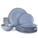 Famiware Moonlight Plates and Bowls Sets, 12 Pieces Stoneware Dinnerware Sets with Linen Finish, Handmade Dishware Set for 4, Microwave and Dishwasher Safe, Chip and Scratch Resistant, Blue - Retail: 