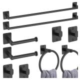 KLJKPA 10 Pieces Bathroom Accessories Set, Bathroom Hardware Set, 24 inch Towel Bar, Towel Racks for Bathroom, Robe Towel Hooks, Toilet Paper Holder Wall Mounted, Matte Black - Retail: $29