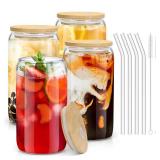 sungwoo 4PCS Glass Cups with Bamboo Lids and Straws, 16OZ Ice Coffee Cup, Drinking Cup set with Wooden Lids, Home Essential Glass Tumblers for Beer, Cocktail, Tea and Latte Clear - Retail: $13