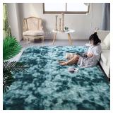 DweIke Fluffy Peacock Blue Rugs for Bedroom Living Room, 5x8 Feet Soft Plush Shaggy Tie-Dyed Teal Blue Girls Boys Kids Rug, Upgraded Non-Slip and Machine Washable Carpet for Dorm Nursery Decor - Retai