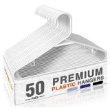 HOUSE DAY White Plastic Hangers 50 Pack, Plastic Clothes Hangers with Built-in Hooks, Durable and Strong Plastic Coat Hangers for Closet, Space Saving Clothing Hanger for Shirts, Coats, Skirt, Dress -