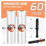 MUNBYN Shrink Wrap, Stretch Wrap with Handles, Stretch Film Roll Industrial Strength, Plastic Wrap for Pallet Wrapping Shipping Moving, 15 Inch x 1000 Ft, 2 Pack, 60 Gauge - Retail: $30