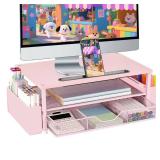 AUPSEN Pink Desk Organizers and Accessories, 2-Tier Wood Computer Monitor Stand with Drawer, Pen Storage and Phone Holder, Office Desk Accessories, Workspace Desktop Organization for Office Supplies -