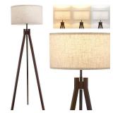 ELYONA Wood Tripod Floor Lamp for Bedroom, 3 Color Temperatures and Linen Shade, Modern Reading Standing Lamp with 9W LED Bulb, Mid Century Night Light for Farmhouse, Living Room, Office, Walnut - Ret