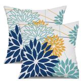 Dark Blue and Light Green Floral Pillow Covers 20x20 Set of 2 Outdoor Pillows Covers Waterproof Summer Pillowcovers Polyester Cushion Case Decor for Couch Patio Funiture Garden Porch 01T20 - Retail: $