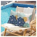 Dark Blue and Light Green Floral Pillow Covers 20x20 Set of 2 Outdoor Pillows Covers Waterproof Summer Pillowcovers Polyester Cushion Case Decor for Couch Patio Funiture Garden Porch 01T20 - Retail: $