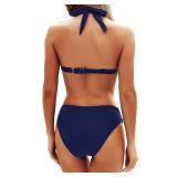 Yonique Women Two Piece Bathing Suits Push Up Bikini Set Halter Swimsuit Vintage Swimwear Navy Blue XL - Retail: $38