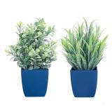 summer flower 2 Pack Fake Plants in Pot Small Artificial Eucalyptus Potted Plant Faux Rosemary in Pot Greenery for Home Decor Indoor Office Shelf Table Desk Bathroom Decoration (Blue-2) - Retail: $9