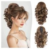 Clip on Ponytails for Women - 12 Inch Curly Ponytail Extension, Wavy Pony Tails Hair Extensions, Synthetic Hair Extensions Ponytail, Clip in Ponytail (Color: Chestnut Brown With Golden Highlights) - R