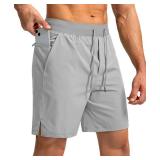 Menfts Running Shorts with Zipper Pockets 7 Inch Lightweight Quick Dry Gym Athletic Workout Shorts for Men (Light Grey, M) - Retail: $24