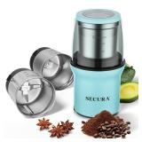 Secura Electric Spice Grinder and Coffee Grinder with 2 Stainless Steel Blades Removable Cups for Dry and Wet Grinding, Aqua