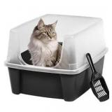 IRIS USA Large Open Top Cat Litter Box with High Sides, Scatter Shield & Scoop, Black