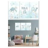 Ocean Nursery Canvas Wall Art Sea Turtle Whale Animal Painting Picture Wall Decor Sea Kids Room Poster Print Artwork for Baby Boys Girl Children