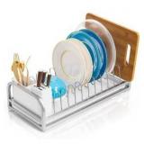 Dish Drying Rack for Small Kitchen Counter, 304 Stainless Steel Small Dish Rack w Utensil Holder & Tray for Limited Space, Rustproof Narrow Dish Rack for Pot & Pan, Cutting Board, Plate, Lid (silvery)