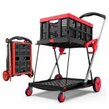 TOLRET Collapsible Shopping Cart with Wheels, 200 lbs Capacity Grocery Cart on Wheels with Storage Crate, Platform Hand Truck with Foot Brake, Red