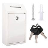 Metal Donation Box with Lock Ballot Box Drop Box with Lock Suggestion Box with Slot and Locks Metal Locks Boxs Comment Box Voting Box Key Drop Box for Home Office(White,10.24 x 5.71 x 2.95 Inch)