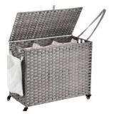 Laundry Hamper with Wheels, 52.8 Gallon(200L) Rolling Laundry Basket with Lid, 3-Section Rattan Clothes Hamper with 3 Removable Liner & 3 Mesh Bags, Laundry Sorter with Side Pocket, Grey