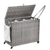 Laundry Hamper with Wheels, 52.8 Gallon(200L) Rolling Laundry Basket with Lid, 3-Section Rattan Clothes Hamper with 3 Removable Liner & 3 Mesh Bags, Laundry Sorter with Side Pocket, Grey