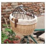Wicker Bike Basket for Small Dogs Cats Pet Carrier Front Basket with Wire Mesh Cover (Wood Color