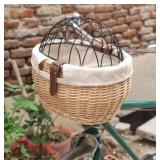 Wicker Bike Basket for Small Dogs Cats Pet Carrier Front Basket with Wire Mesh Cover (Wood Color