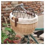 Wicker Bike Basket for Small Dogs Cats Pet Carrier Front Basket with Wire Mesh Cover (Wood Color