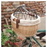 Wicker Bike Basket for Small Dogs Cats Pet Carrier Front Basket with Wire Mesh Cover (Wood Color
