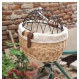 Wicker Bike Basket for Small Dogs Cats Pet Carrier Front Basket with Wire Mesh Cover (Wood Color