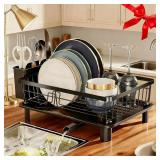 GAOKASE Dish Drying Rack, Stainless Steel Space-Saving Dish Rack, Dish Racks for Kitchen Counter, Kitchen Dish Drainers with Removable Utensil Holder,New Drain Outlet,Plate Rack and Drainboard, Black