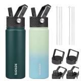 BJPKPK 2 Pack Insulated Water Bottles with Straw Lids, 22oz Stainless Steel Metal Water Bottle with 6 Lids, Leak Proof BPA Free Thermo, Cups, Flasks for Travel, Sports (Army Green+Mint)