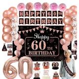 WOJOGO 60th Birthday Decorations for Women - 40pc Rose Gold Party Decor Set with Happy 60th Birthday Banner Cake Topper Number 60 Balloons Sash Honeycomb Centerpieces Hanging Swirls and Large Backdrop