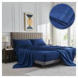 WODFAMY Microfiber King Size Bed Sheet Set Extra Soft Deep Pockets Luxury Hotel Navy Blue Bed Sheets Breathable & Cooling Wrinkle Free 4 Piece Set Kings Sheets
