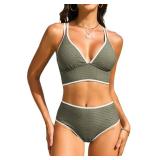 ZAFUL Women High Waisted Bikini Sets Tummy Control Two Piece Swimsuits Crisscross Back Textured 2025 Swim Bathing Suit, (Army Green, Small)