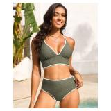 ZAFUL Women High Waisted Bikini Sets Tummy Control Two Piece Swimsuits Crisscross Back Textured 2025 Swim Bathing Suit, (Army Green, Small)