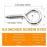 ZUSFUL 6 Pcs M6 304 Stainless Steel Screw Eye Hooks, 2-1/2 Inches Eyes Screw Hooks,Heavy Duty Screw Eye Bolt,Load Bearing 200LB,Indoor & Outdoor Use