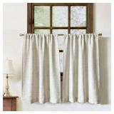 Faux Linen Kitchen Curtains 36 Inch Length Cafe Curtain Tiers for Living Room Bathroom Basement Windows Country Rustic Small Short Curtains, Set of 2, Natural