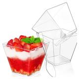 Qeirudu 3.5 oz Mini Dessert Cups with Spoons, 50 Pack Square Plastic Parfait Cups Small Shooter Cups for Party Appetizers, Puddings, Jello, Ice Creams