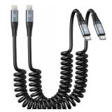 KIYODA USB Type C to Lightning Cable 6FT 2Pack, Coiled iPhone Charger Fast Charging for CarPaly Short USBC iPhone Cord for iPhone14/13/12/11 Pro Max/iPad/CarPlay-Black